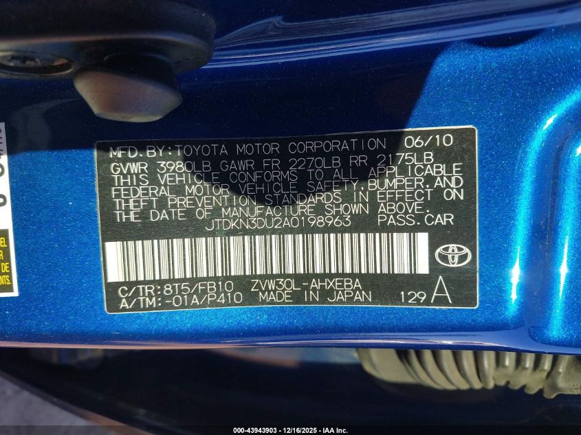 2010 Toyota Prius Iii VIN: JTDKN3DU2A0198963 Lot: 43943903