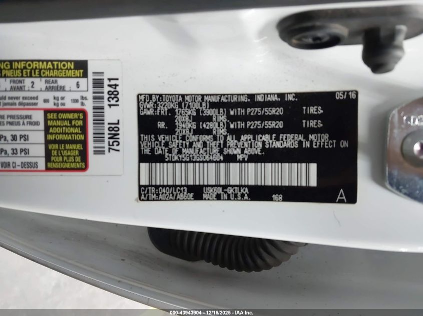 2016 Toyota Sequoia Limited 5.7L V8 VIN: 5TDKY5G13GS064604 Lot: 43943904