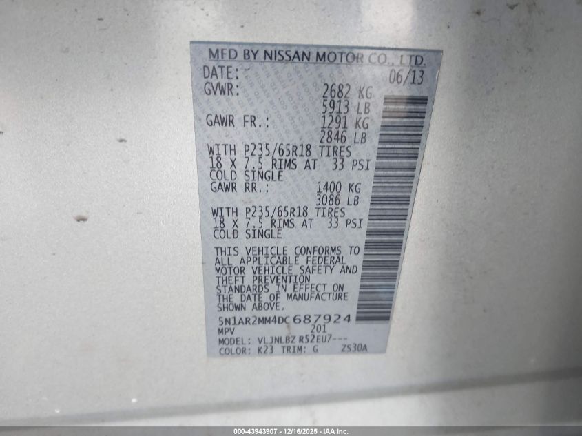 2013 Nissan Pathfinder S VIN: 5N1AR2MM4DC687924 Lot: 43943907