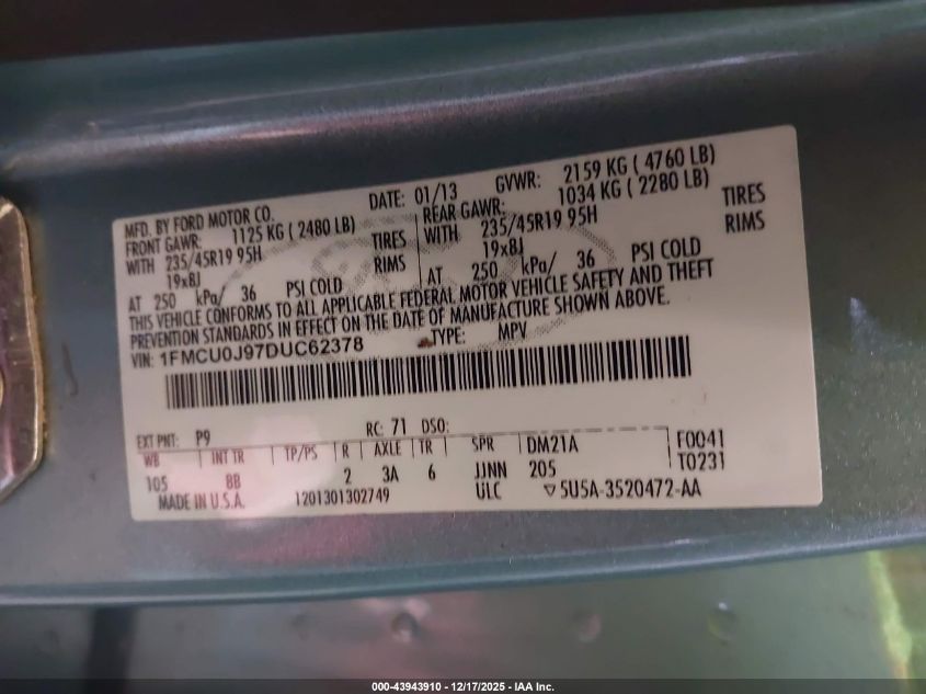 2013 Ford Escape Titanium VIN: 1FMCU0J97DUC62378 Lot: 43943910