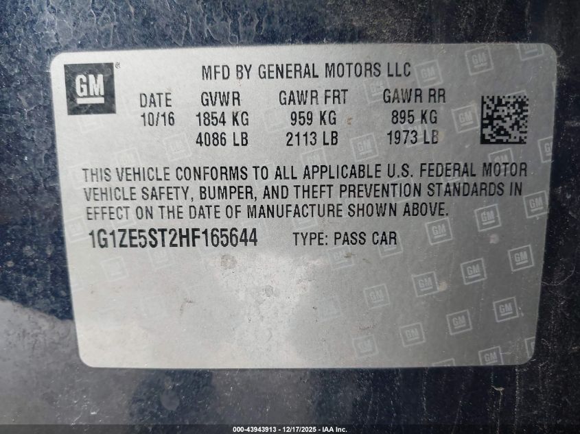 2017 Chevrolet Malibu 1Lt VIN: 1G1ZE5ST2HF165644 Lot: 43943913