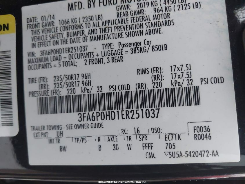 2014 Ford Fusion Se VIN: 3FA6P0HD1ER251037 Lot: 43943914