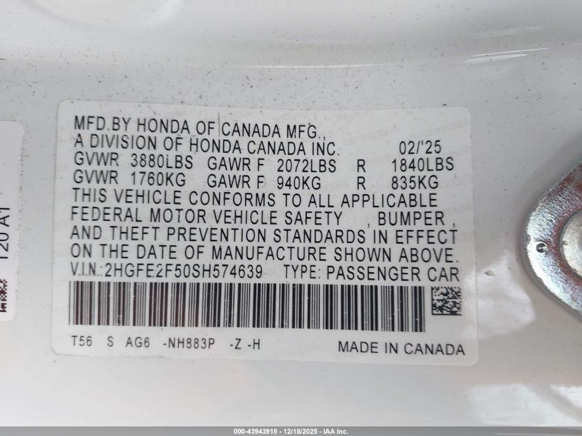 2025 Honda Civic Sport VIN: 2HGFE2F50SH574639 Lot: 43943918