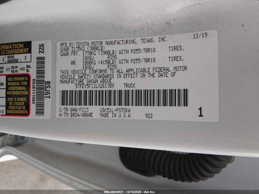 2020 Toyota Tundra Sr5 VIN: 5TFEY5F11LX261709 Lot: 43943921