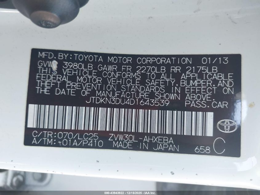 2013 Toyota Prius Three Se VIN: JTDKN3DU4D1643539 Lot: 43943922