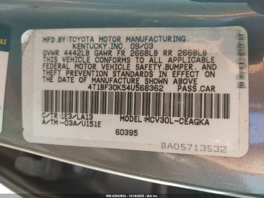 2004 Toyota Camry Xle V6 VIN: 4T1BF30K54U568362 Lot: 43943924