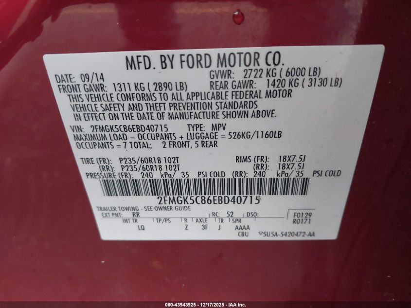 2014 Ford Flex Sel VIN: 2FMGK5C86EBD40715 Lot: 43943925