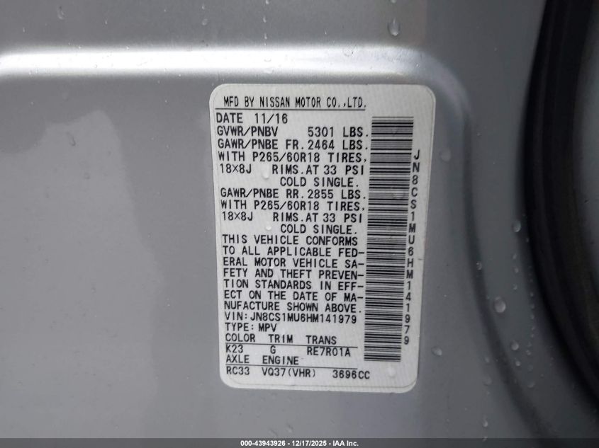 2017 Infiniti Qx70 VIN: JN8CS1MU6HM141979 Lot: 43943926