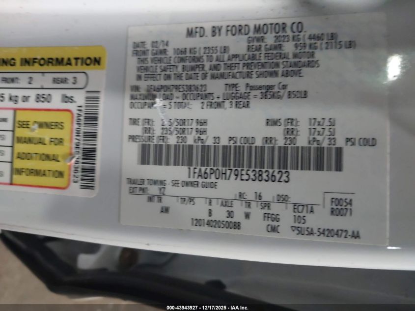 2014 Ford Fusion Se VIN: 1FA6P0H79E5383623 Lot: 43943927