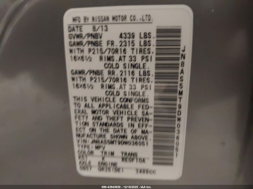 2013 Nissan Rogue S VIN: JN8AS5MT9DW036051 Lot: 43943928