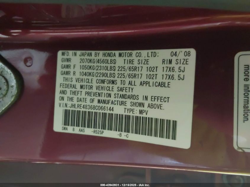 2008 Honda Cr-V Lx VIN: JHLRE48368C066144 Lot: 43943931