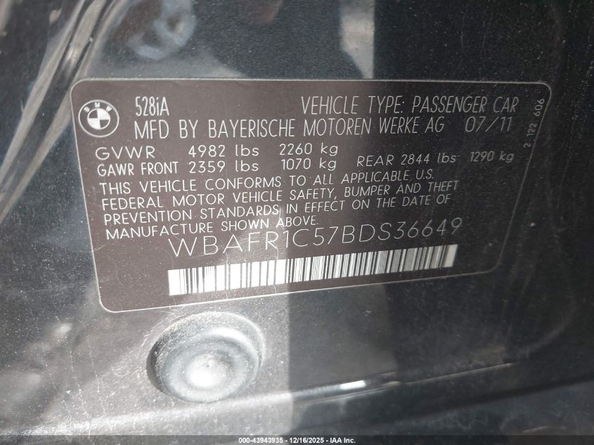2011 BMW 528I VIN: WBAFR1C57BDS36649 Lot: 43943935