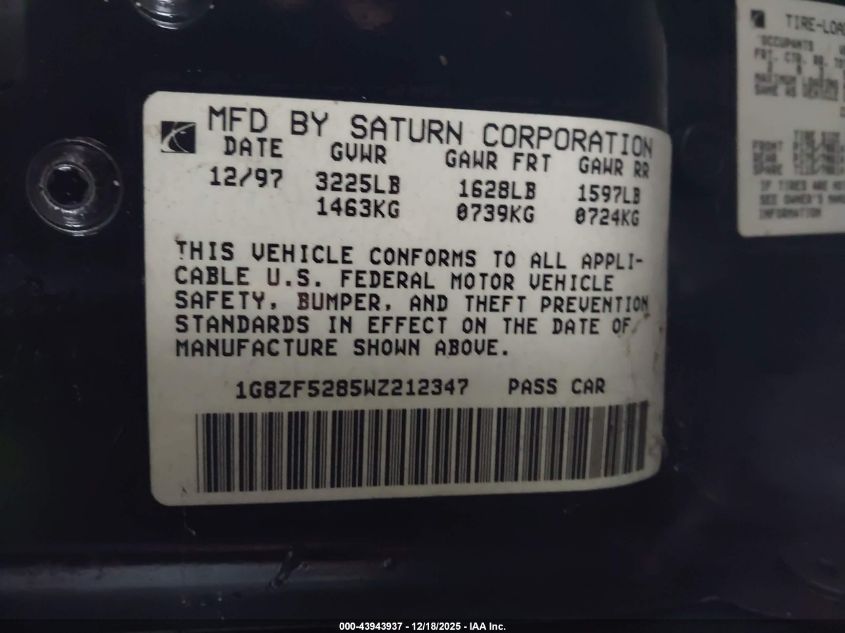 1998 Saturn Sl VIN: 1G8ZF5285WZ212347 Lot: 43943937