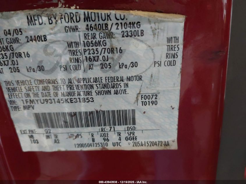 2005 Ford Escape Xlt VIN: 1FMYU93145KE31853 Lot: 43943938