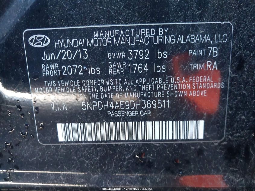 2013 Hyundai Elantra Gls VIN: 5NPDH4AE9DH369511 Lot: 43943939