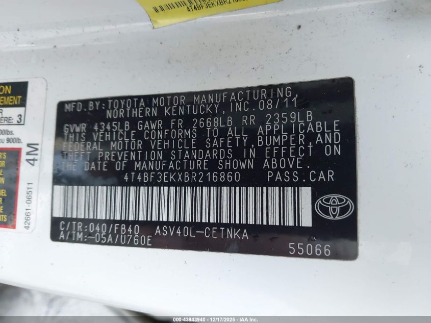 2011 Toyota Camry Le VIN: 4T4BF3EKXBR216860 Lot: 43943940