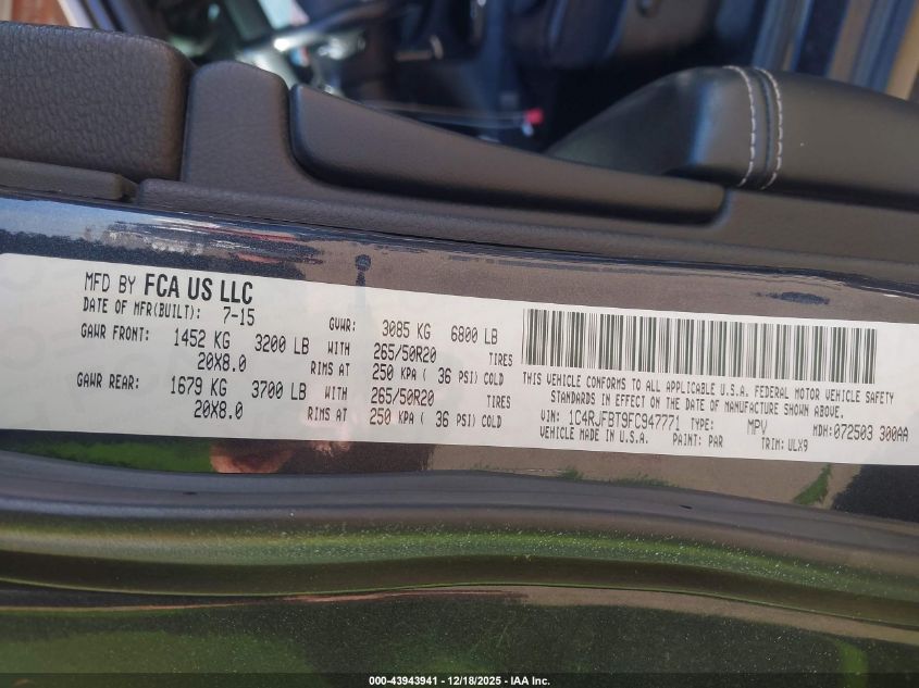 2015 Jeep Grand Cherokee Limited VIN: 1C4RJFBT9FC947771 Lot: 43943941