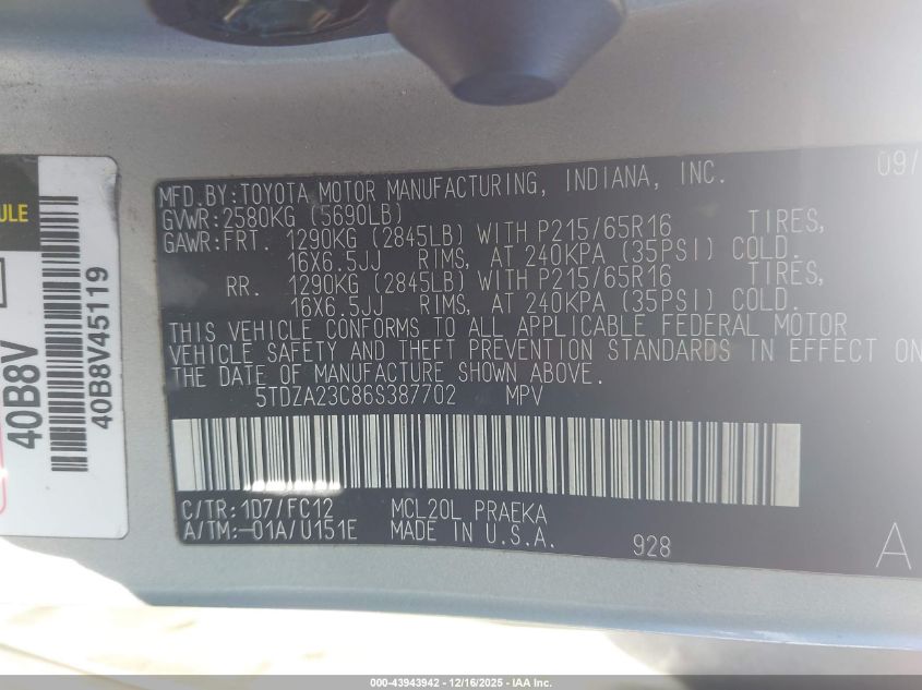 2006 Toyota Sienna Le VIN: 5TDZA23C86S387702 Lot: 43943942