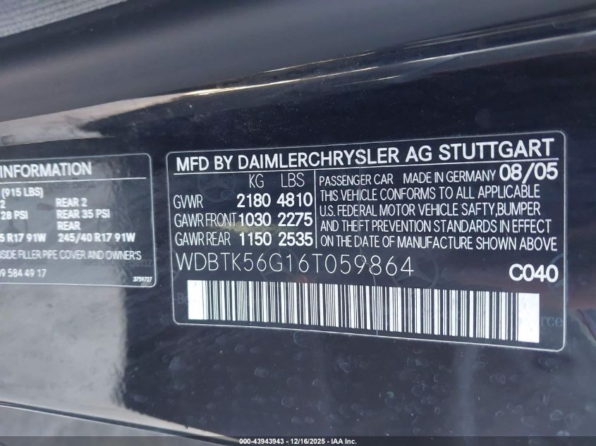2006 Mercedes-Benz Clk 350 VIN: WDBTK56G16T059864 Lot: 43943943