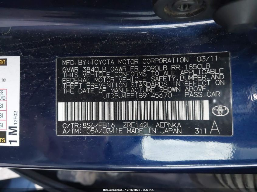 2011 Toyota Corolla Le VIN: JTDBU4EE1B9145670 Lot: 43943944