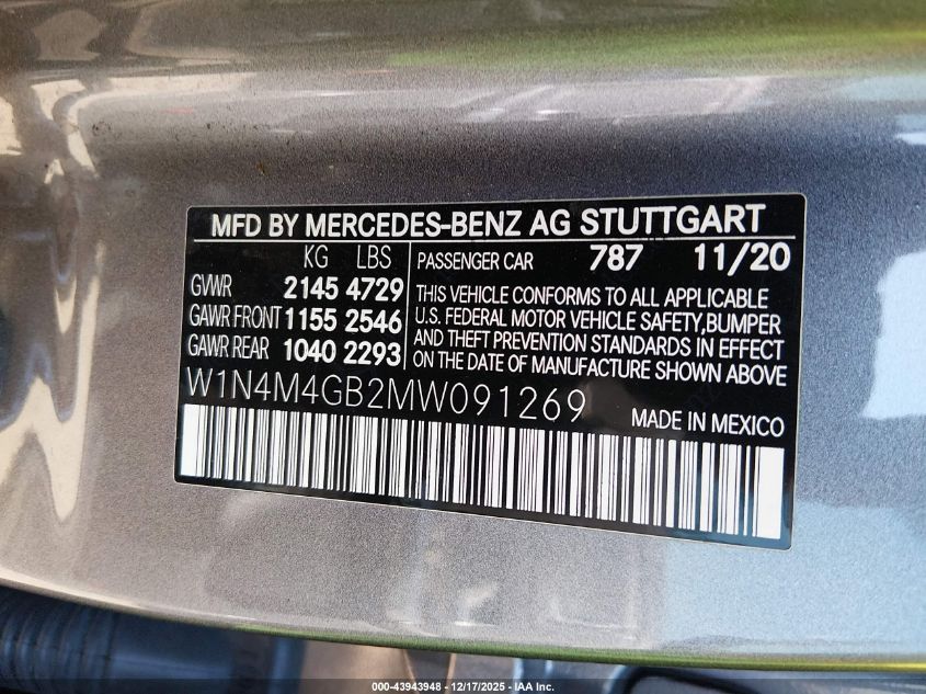 2021 Mercedes-Benz Glb 250 VIN: W1N4M4GB2MW091269 Lot: 43943948