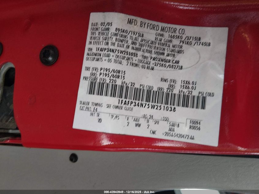 2005 Ford Focus Zx4 VIN: 1FAFP34N75W251038 Lot: 43943949