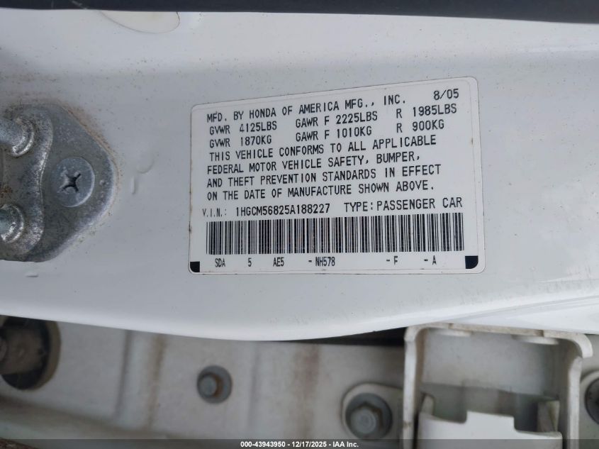 2005 Honda Accord 2.4 Ex VIN: 1HGCM56825A188227 Lot: 43943950