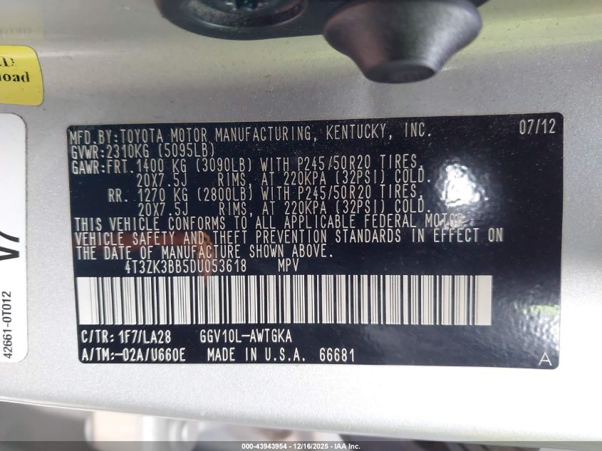 2013 Toyota Venza Limited V6 VIN: 4T3ZK3BB5DU053618 Lot: 43943954