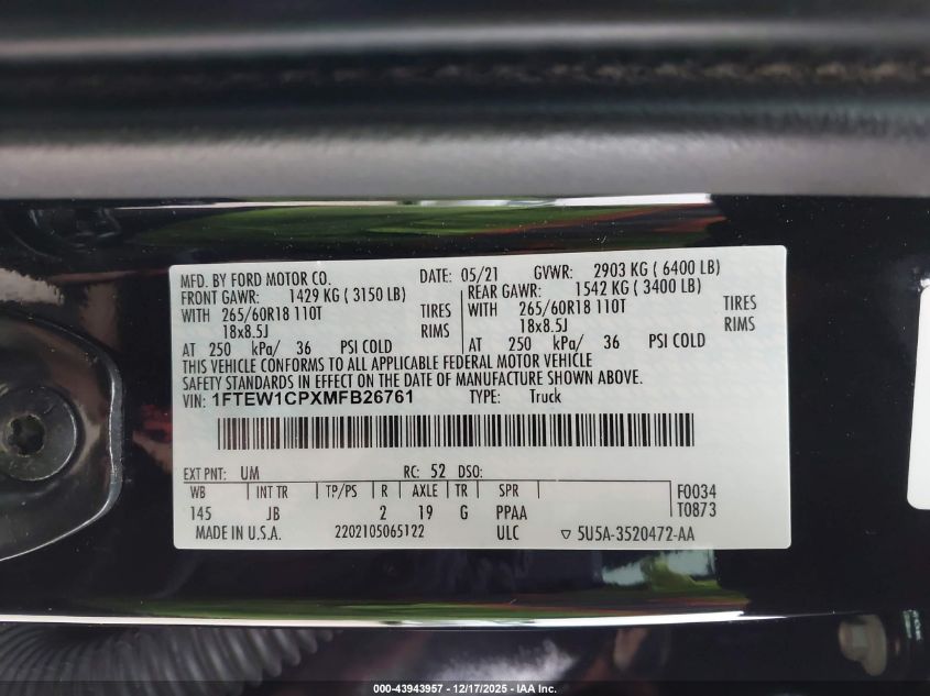 2021 Ford F-150 Xl VIN: 1FTEW1CPXMFB26761 Lot: 43943957
