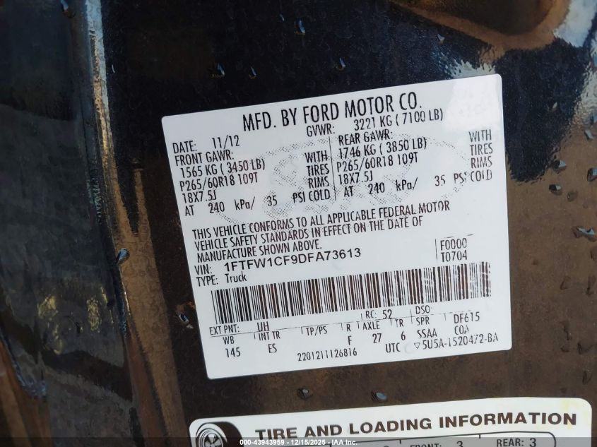 2013 Ford F-150 Lariat VIN: 1FTFW1CF9DFA73613 Lot: 43943959