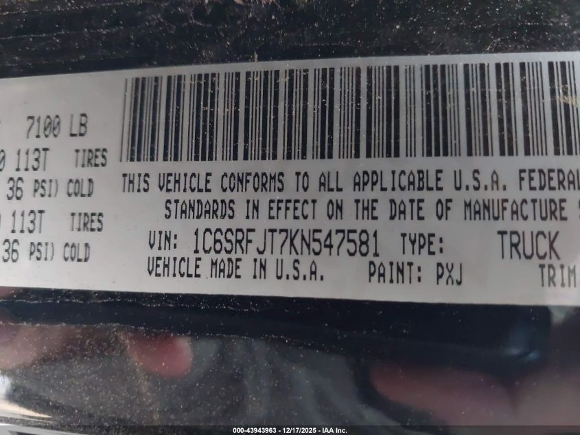 2019 Ram 1500 Laramie 4X4 5'7 Box VIN: 1C6SRFJT7KN547581 Lot: 43943963