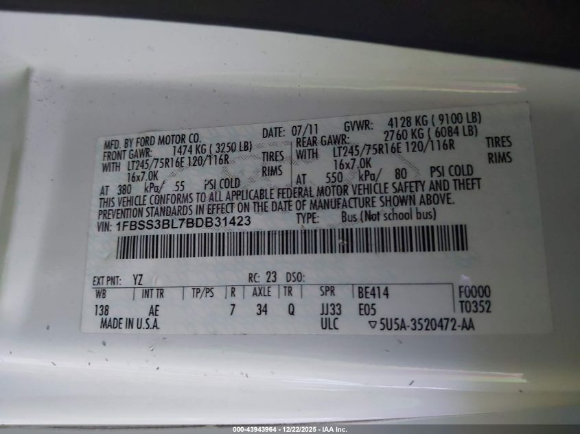 2011 Ford E-350 Super Duty Xl VIN: 1FBSS3BL7BDB31423 Lot: 43943964