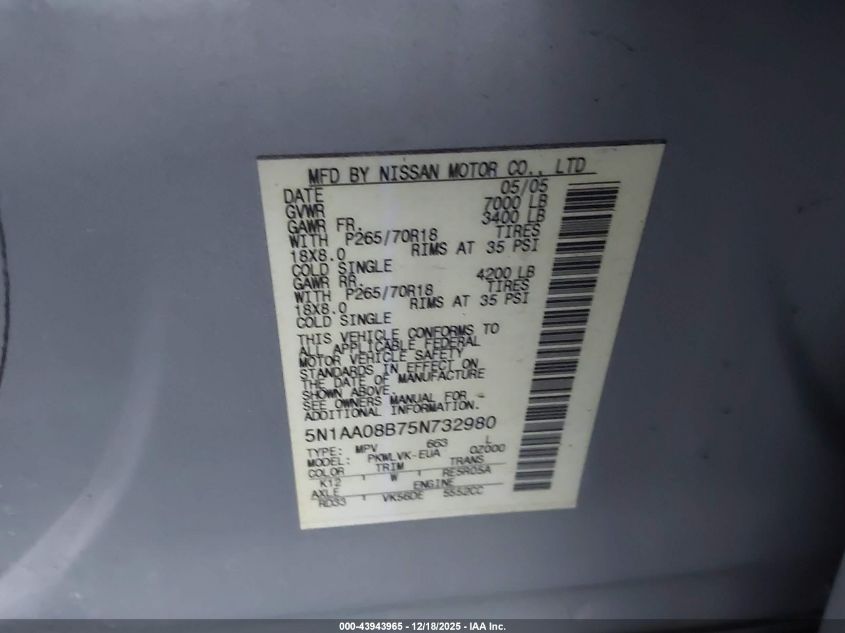 2005 Nissan Armada Le VIN: 5N1AA08B75N732980 Lot: 43943965