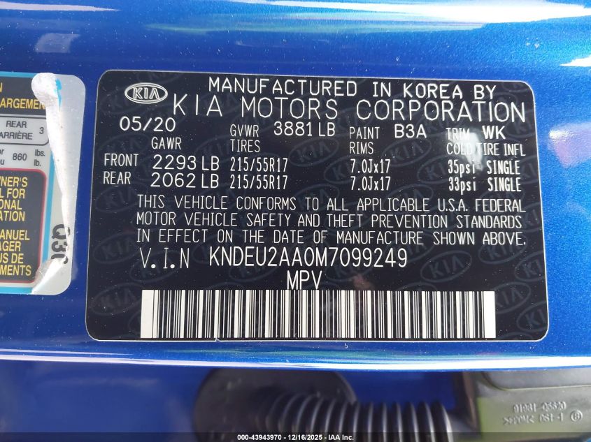 2021 Kia Seltos S VIN: KNDEU2AA0M7099249 Lot: 43943970