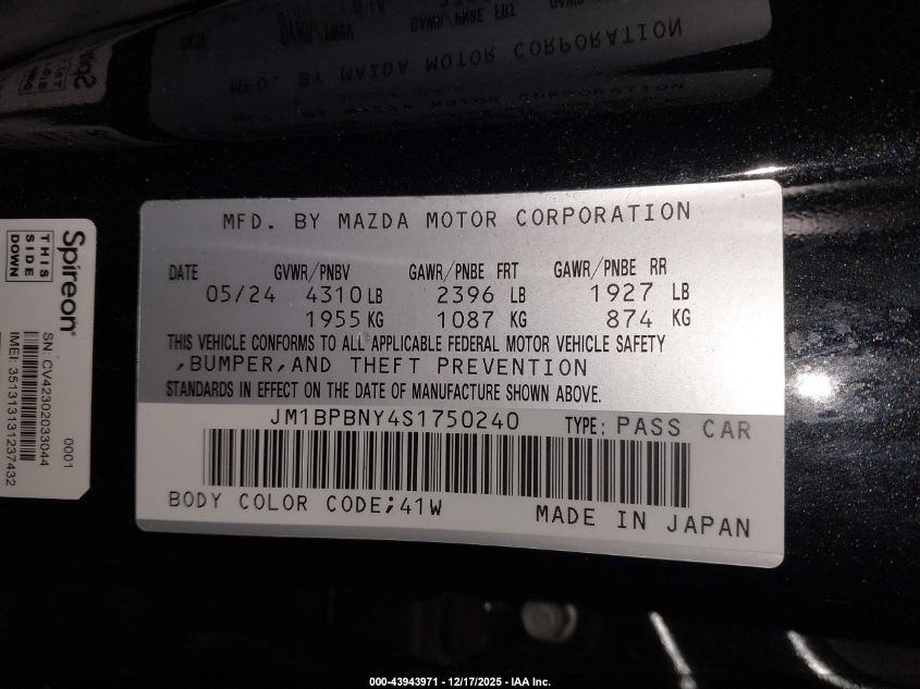 2025 Mazda Mazda3 2.5 Turbo Premium Plus VIN: JM1BPBNY4S1750240 Lot: 43943971