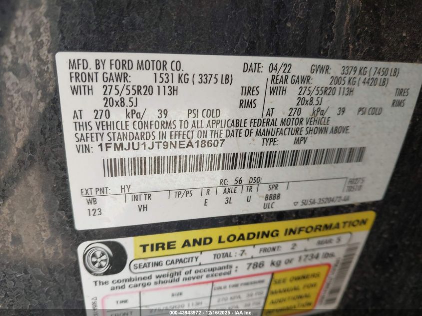 2022 Ford Expedition Xlt VIN: 1FMJU1JT9NEA18607 Lot: 43943972