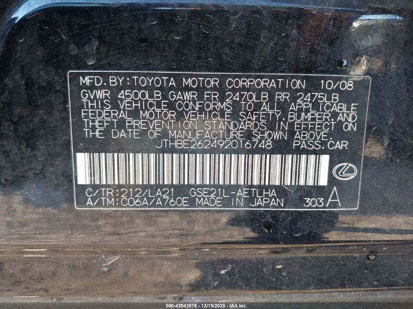 2009 Lexus Is 350 VIN: JTHBE262492016748 Lot: 43943976