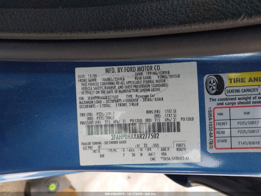 2010 Ford Fusion Se VIN: 3FAHP0HAXAR277502 Lot: 43943979