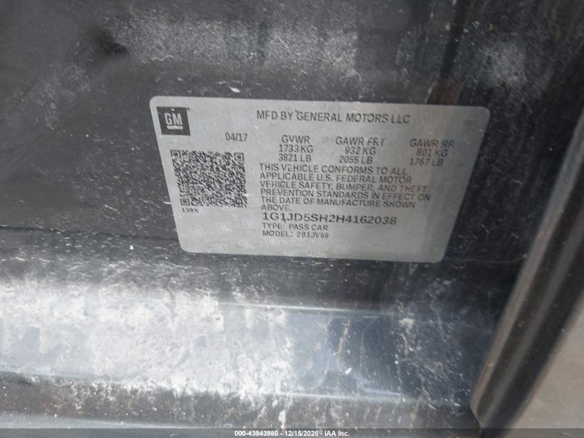 2017 Chevrolet Sonic Lt Auto VIN: 1G1JD5SH2H4162038 Lot: 43943980