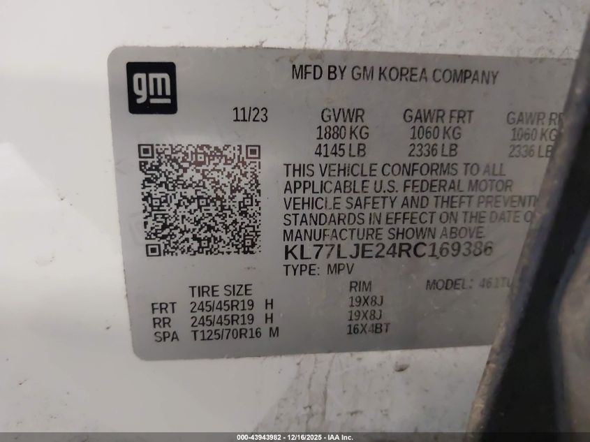 2024 Chevrolet Trax Fwd 2Rs VIN: KL77LJE24RC169386 Lot: 43943982