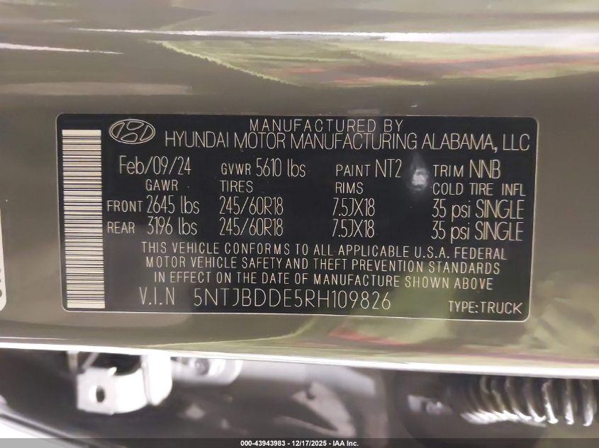 2024 Hyundai Santa Cruz Sel VIN: 5NTJBDDE5RH109826 Lot: 43943983