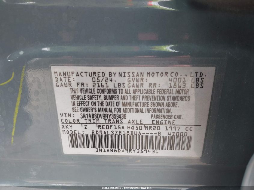 2024 Nissan Sentra Sr Xtronic Cvt VIN: 3N1AB8DV9RY359436 Lot: 43943985