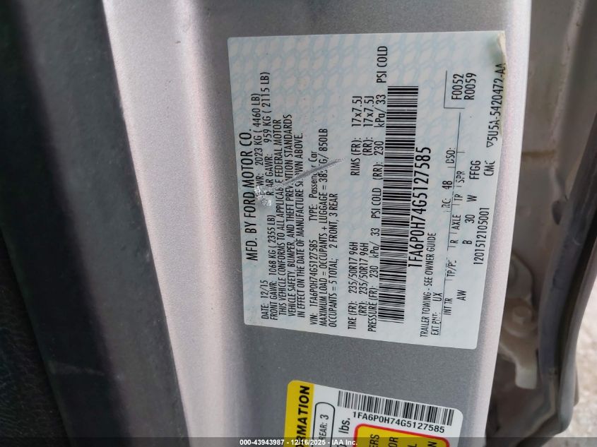 2016 Ford Fusion Se VIN: 1FA6P0H74G5127585 Lot: 43943987