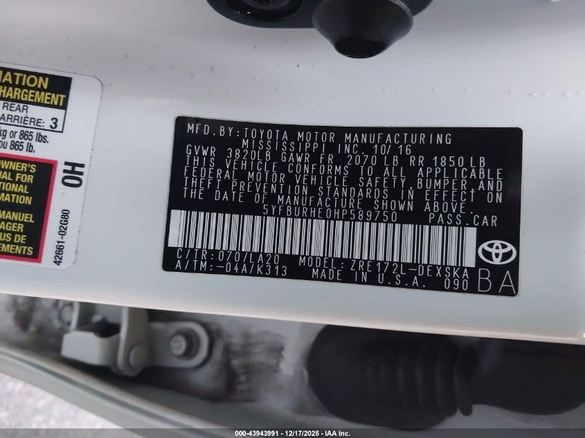 2017 Toyota Corolla Xse VIN: 5YFBURHE0HP589750 Lot: 43943991