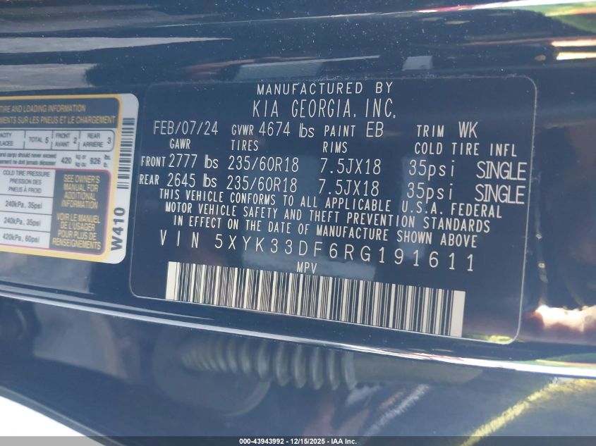 2024 Kia Sportage Ex VIN: 5XYK33DF6RG191611 Lot: 43943992