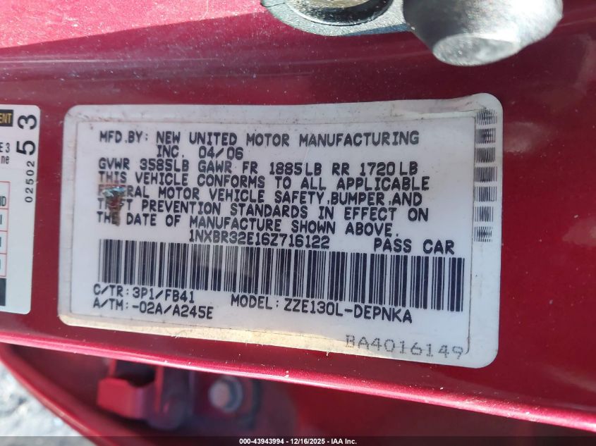 2006 Toyota Corolla Le VIN: 1NXBR32E16Z716122 Lot: 43943994