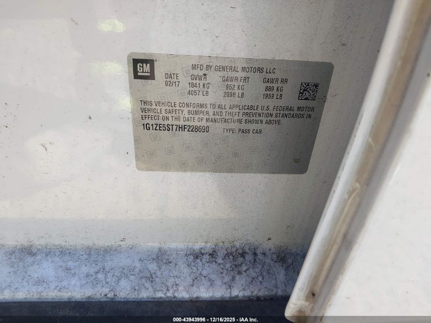 2017 Chevrolet Malibu 1Lt VIN: 1G1ZE5ST7HF228690 Lot: 43943996