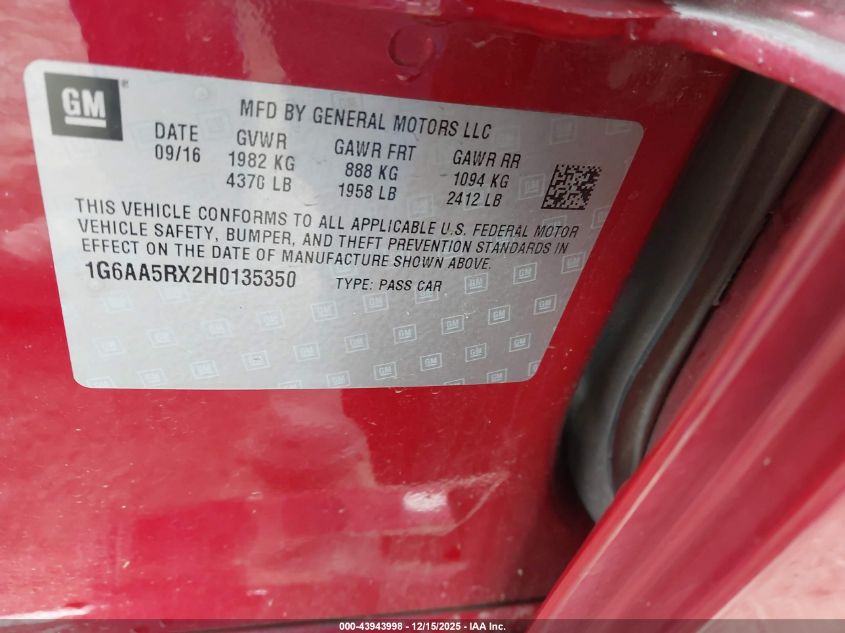 2017 Cadillac Ats Standard VIN: 1G6AA5RX2H0135350 Lot: 43943998