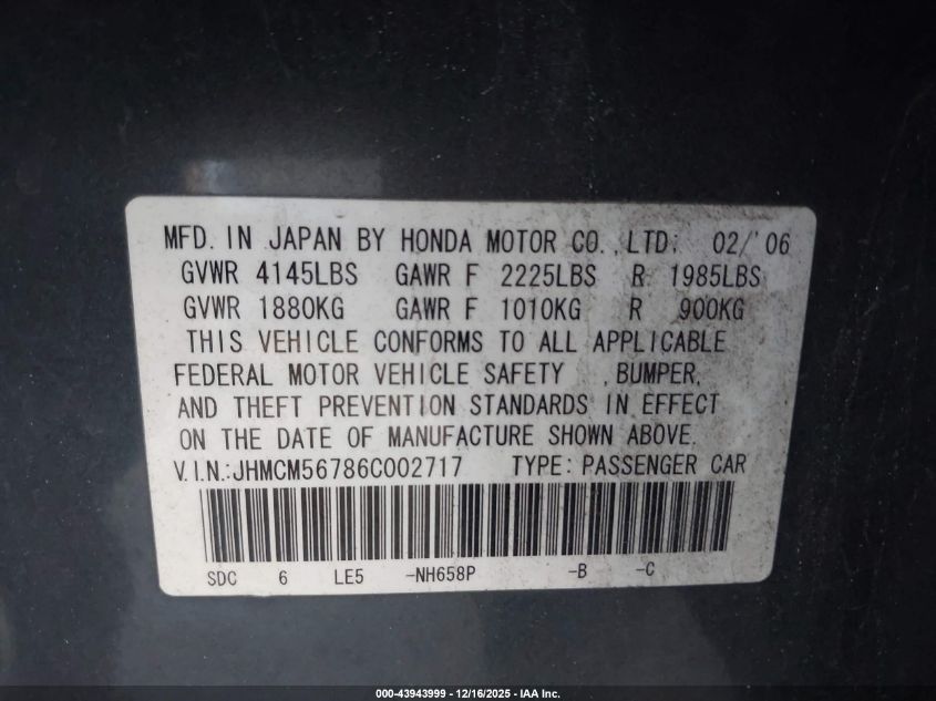 2006 Honda Accord 2.4 Ex VIN: JHMCM56786C002717 Lot: 43943999