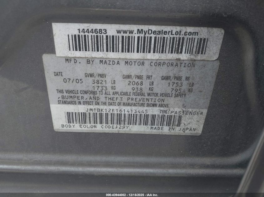 2006 Mazda Mazda3 I VIN: JM1BK12F161413445 Lot: 43944002